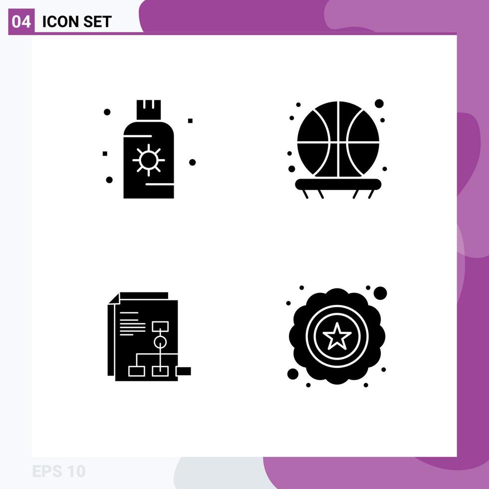 4 Universal Solid Glyphs Set for Web and Mobile Applications lotion graph sun basketball report Editable Vector Design Elements