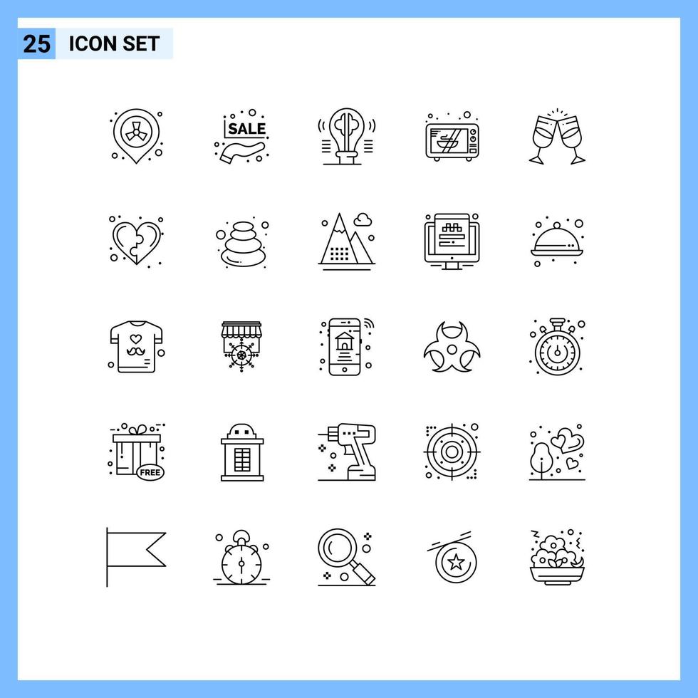User Interface Pack of 25 Basic Lines of alcohal oven brain microwave imagination Editable Vector Design Elements