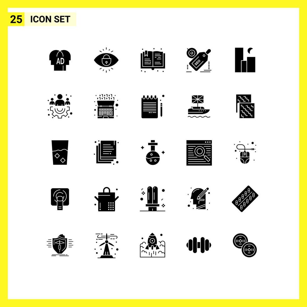 Group of 25 Solid Glyphs Signs and Symbols for city discount book target tag Editable Vector Design Elements