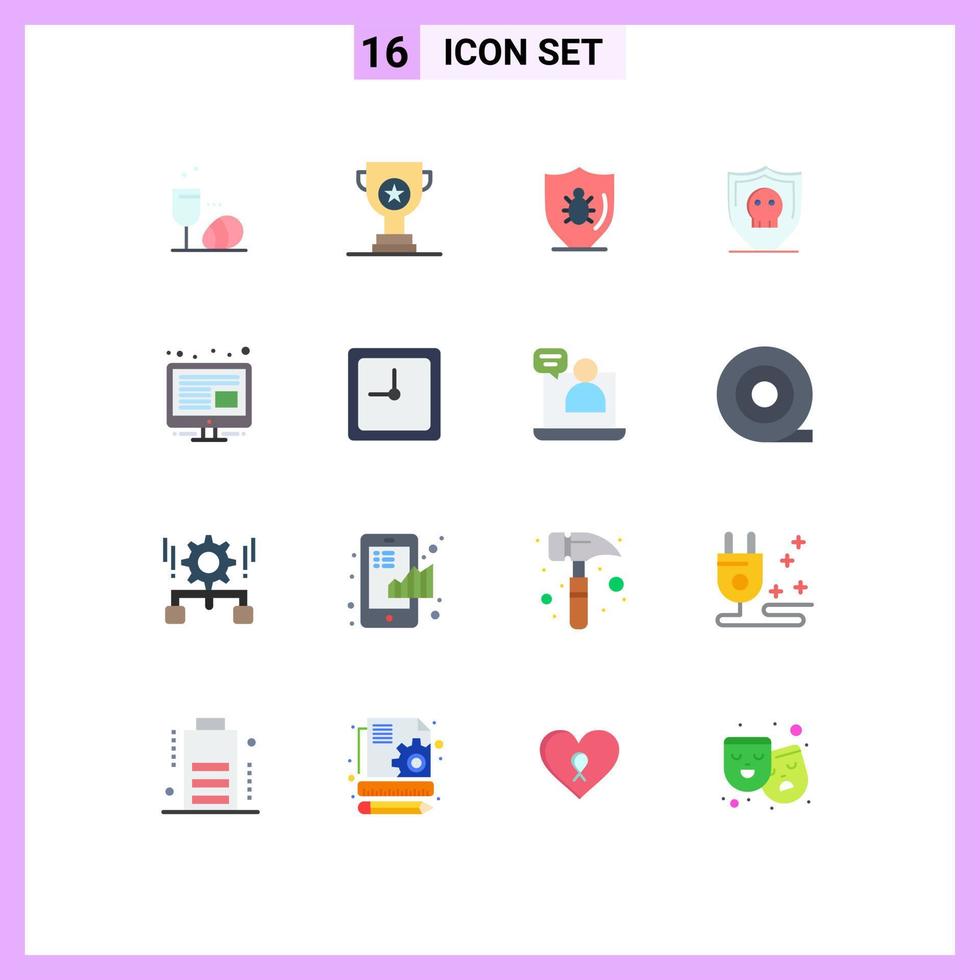 Modern Set of 16 Flat Colors Pictograph of content secure bug security shield Editable Pack of Creative Vector Design Elements