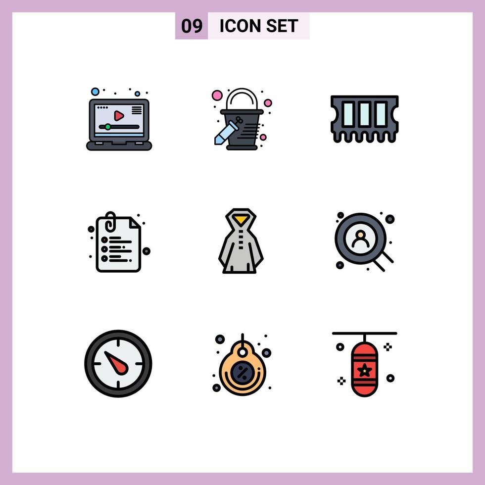 Pack of 9 creative Filledline Flat Colors of web rain memory clothing school Editable Vector Design Elements