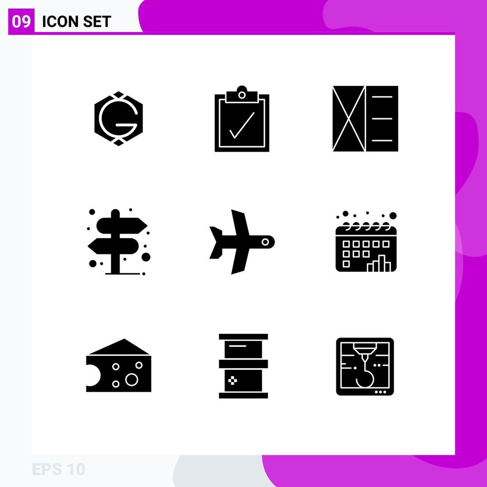 Mobile Interface Solid Glyph Set of 9 Pictograms of vehicle takeoff man plane pointer Editable Vector Design Elements
