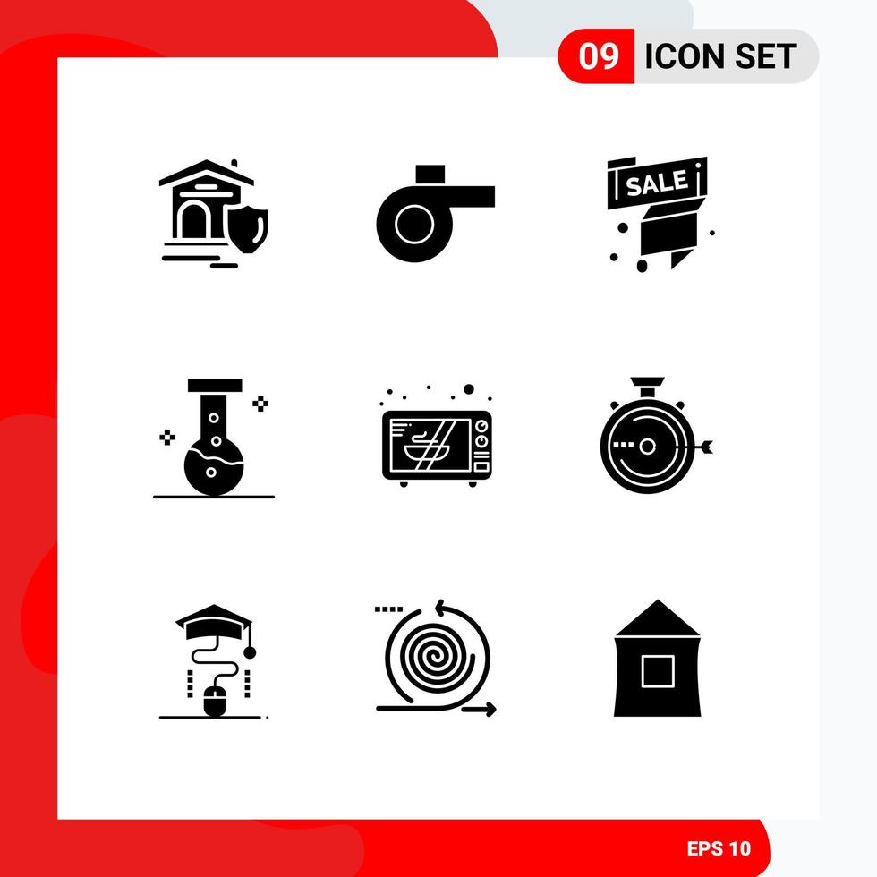 Modern Set of 9 Solid Glyphs Pictograph of launch microwave sale label electronics lab Editable Vector Design Elements