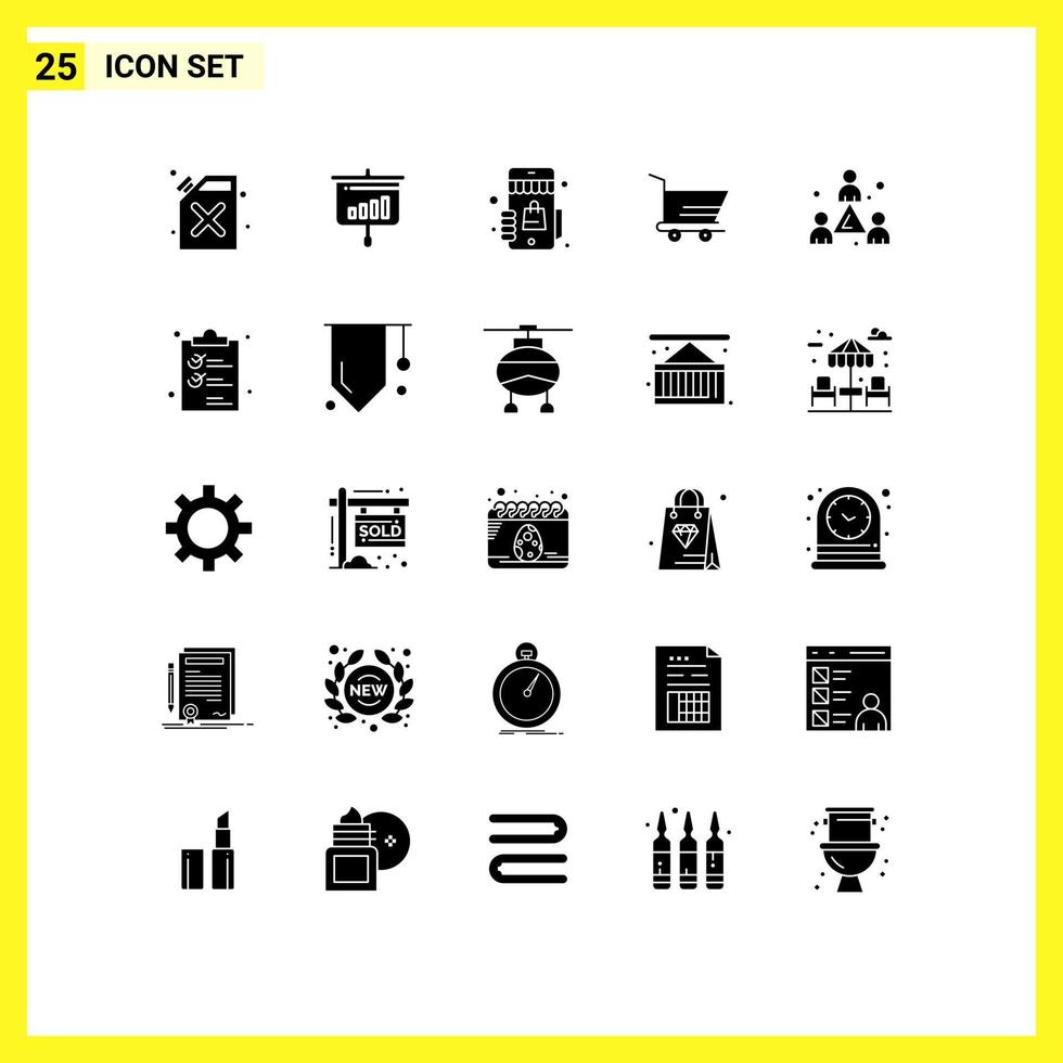 User Interface Pack of 25 Basic Solid Glyphs of staff colleague marketplace trolley cart Editable Vector Design Elements