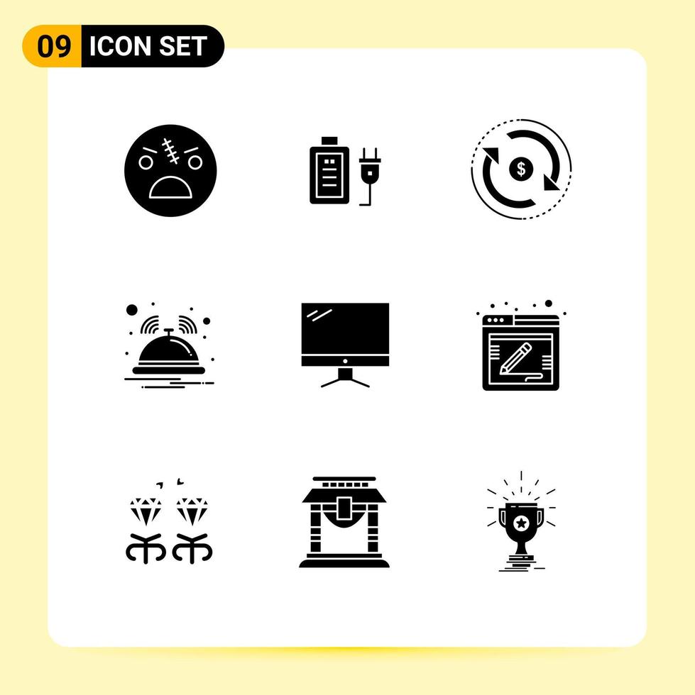 9 Universal Solid Glyph Signs Symbols of service hotel education bell market Editable Vector Design Elements