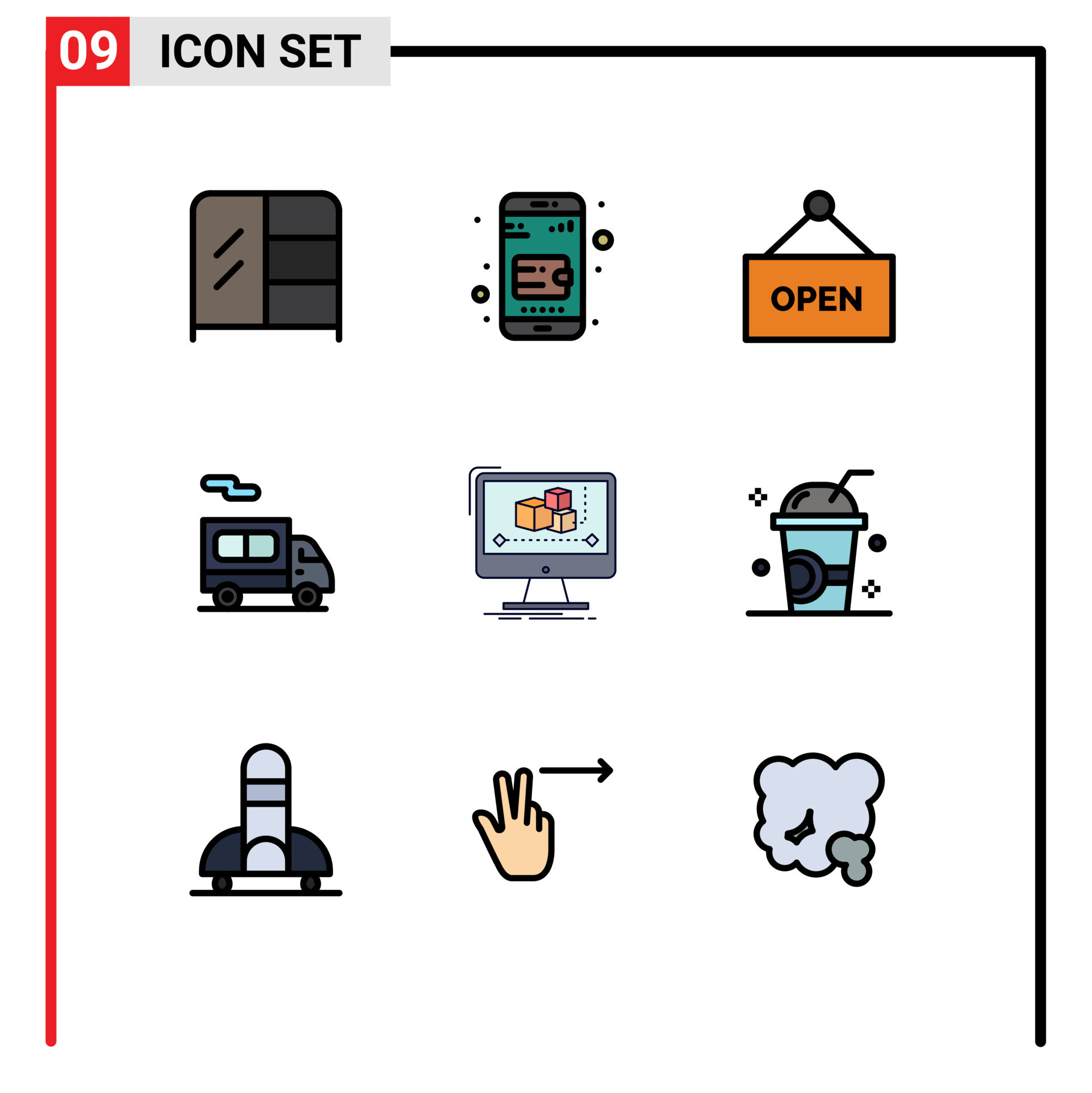grupo de 9 signos y símbolos de colores planos de línea rellena para