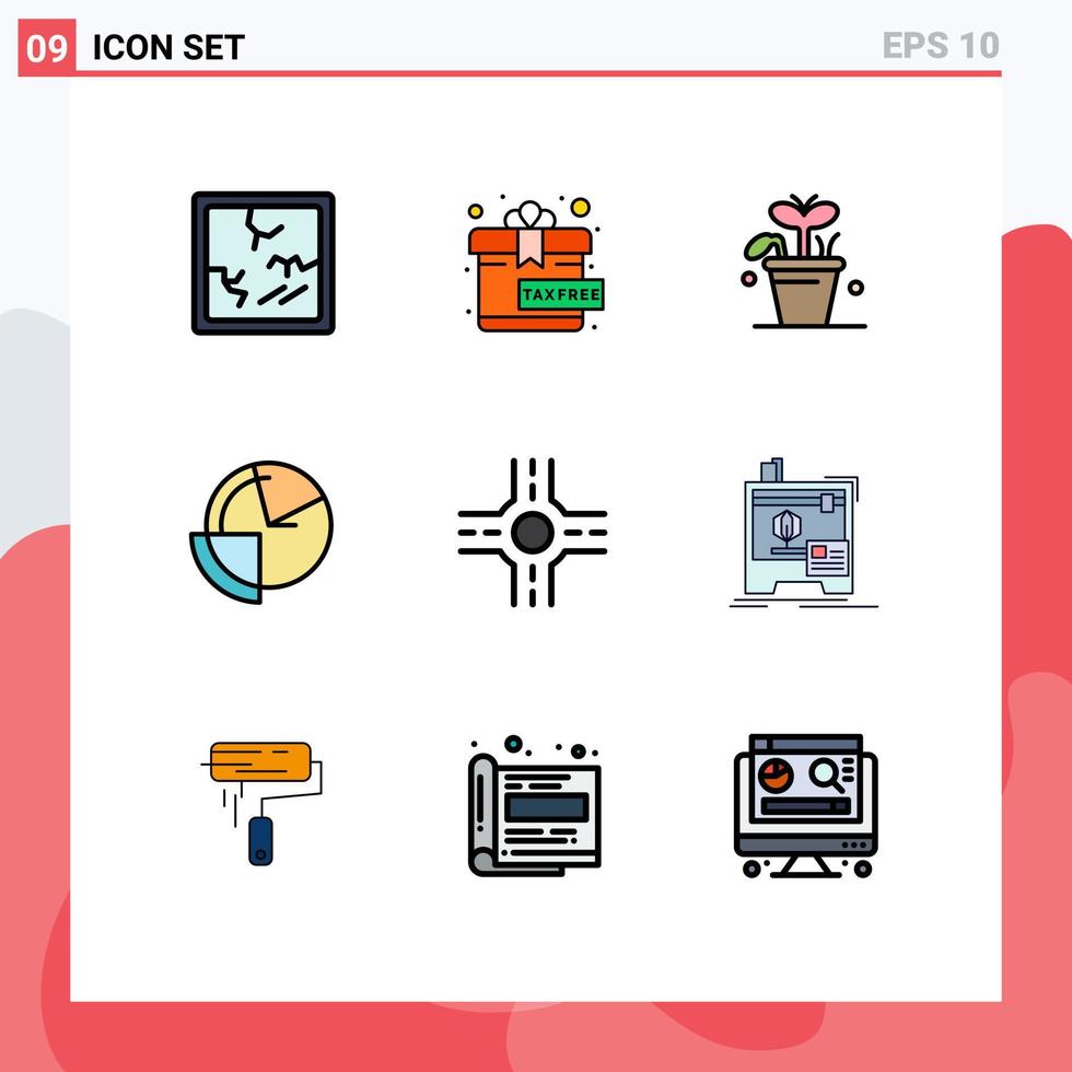 Group of 9 Filledline Flat Colors Signs and Symbols for machine crossroad plant monitoring data Editable Vector Design Elements
