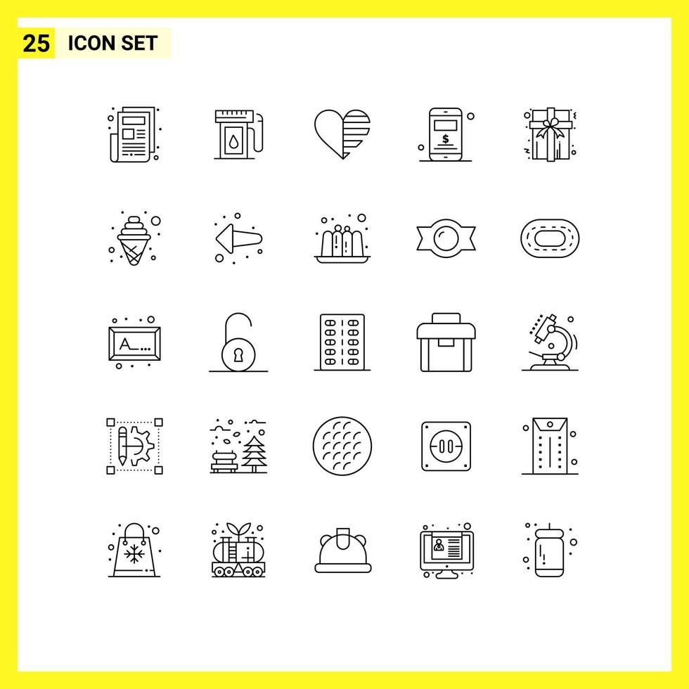 Set of 25 Commercial Lines pack for present box love dollar mobile Editable Vector Design Elements