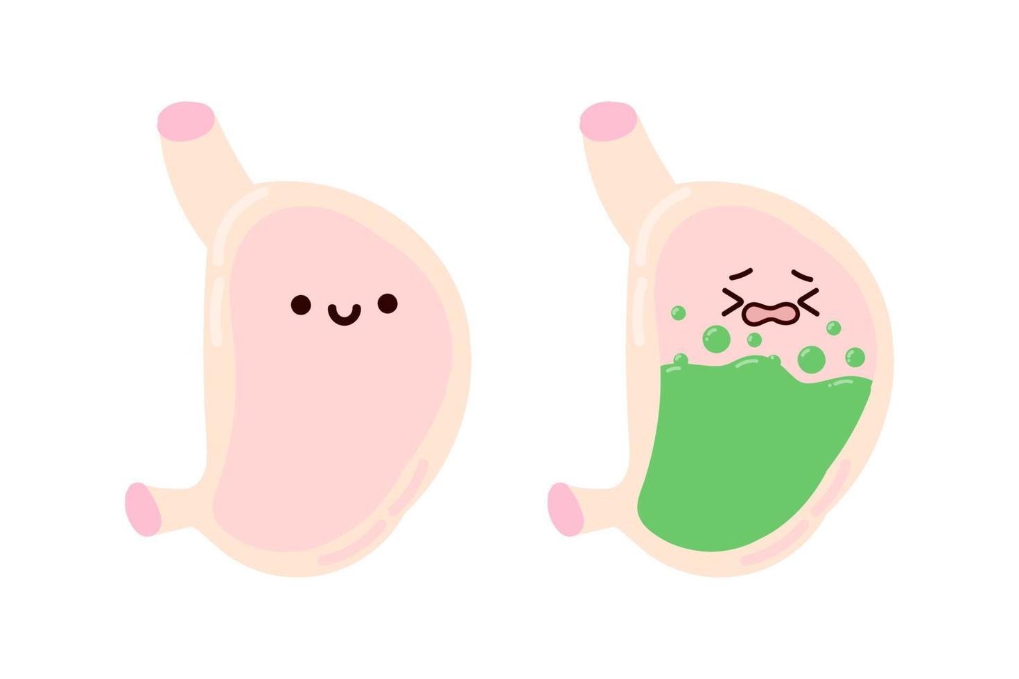 estómago sano alegre y estómago triste e infeliz con acidez estomacal. lindos órganos humanos kawaii. vector