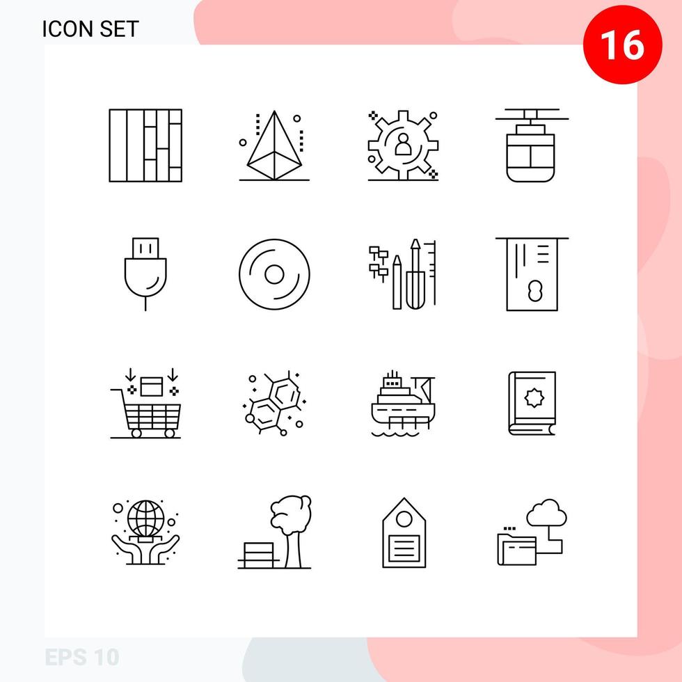 Mobile Interface Outline Set of 16 Pictograms of plug devices content storage vehicles tram Editable Vector Design Elements