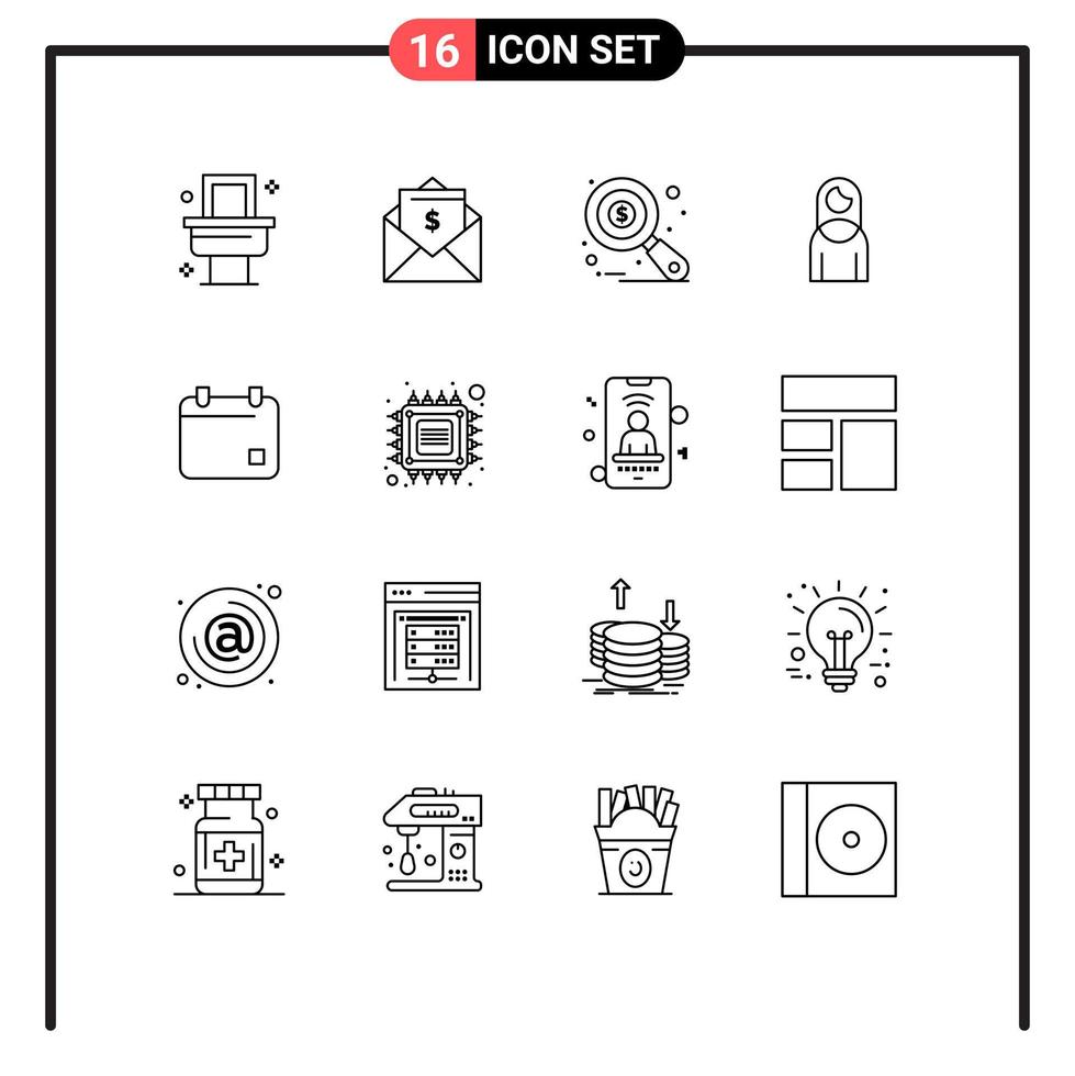 Mobile Interface Outline Set of 16 Pictograms of calender cinema auditing lady mother Editable Vector Design Elements