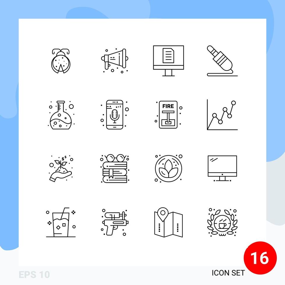 Modern Set of 16 Outlines and symbols such as flask chemistry computer technology jack Editable Vector Design Elements