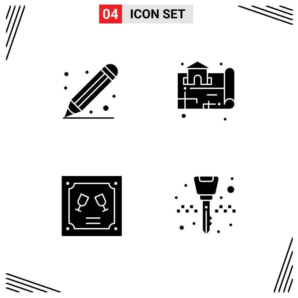 4 Thematic Vector Solid Glyphs and Editable Symbols of education envelope pencil map letter Editable Vector Design Elements
