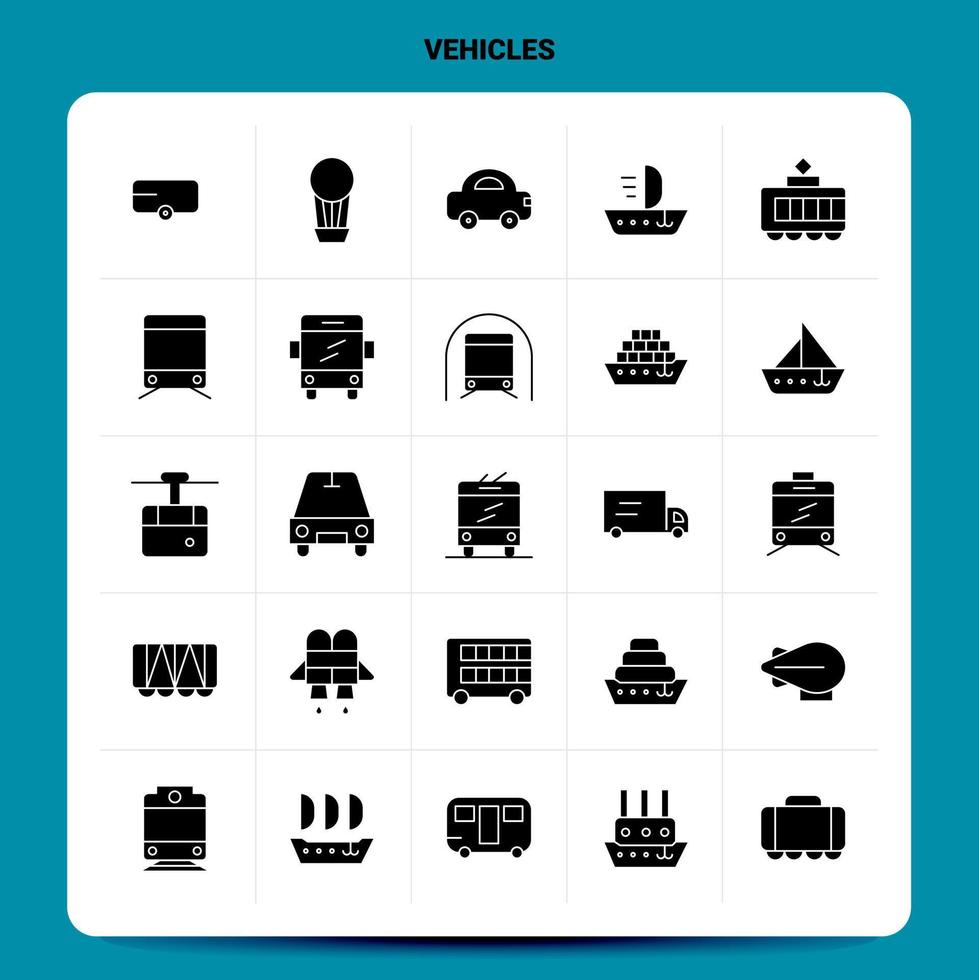 conjunto de iconos de 25 vehículos sólidos diseño de estilo de glifo vectorial conjunto de iconos negros diseño de ideas de negocios web y móvil ilustración vectorial vector