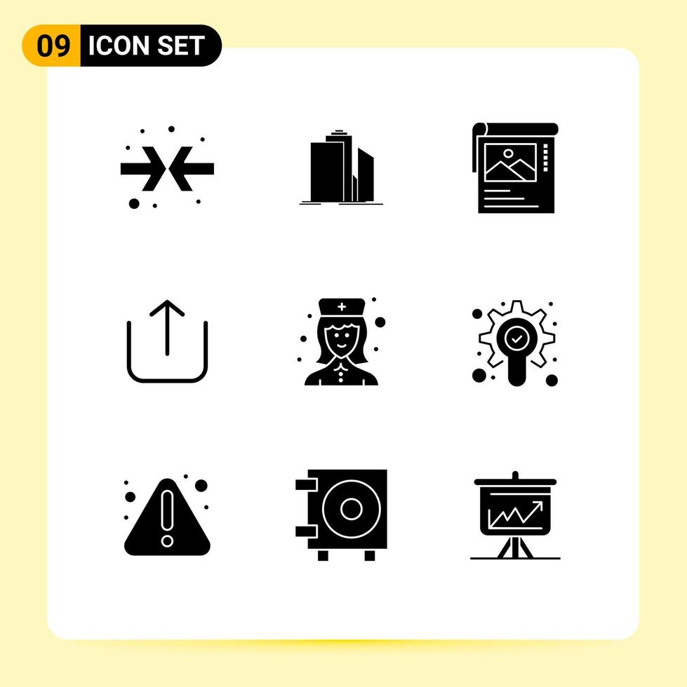 Pictogram Set of 9 Simple Solid Glyphs of hospital upload real estate up brosher Editable Vector Design Elements