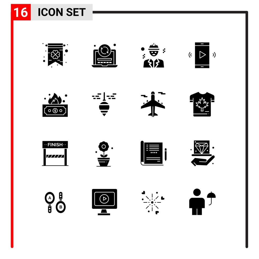Set of 16 Commercial Solid Glyphs pack for finance volume building speaker loudspeaker Editable Vector Design Elements