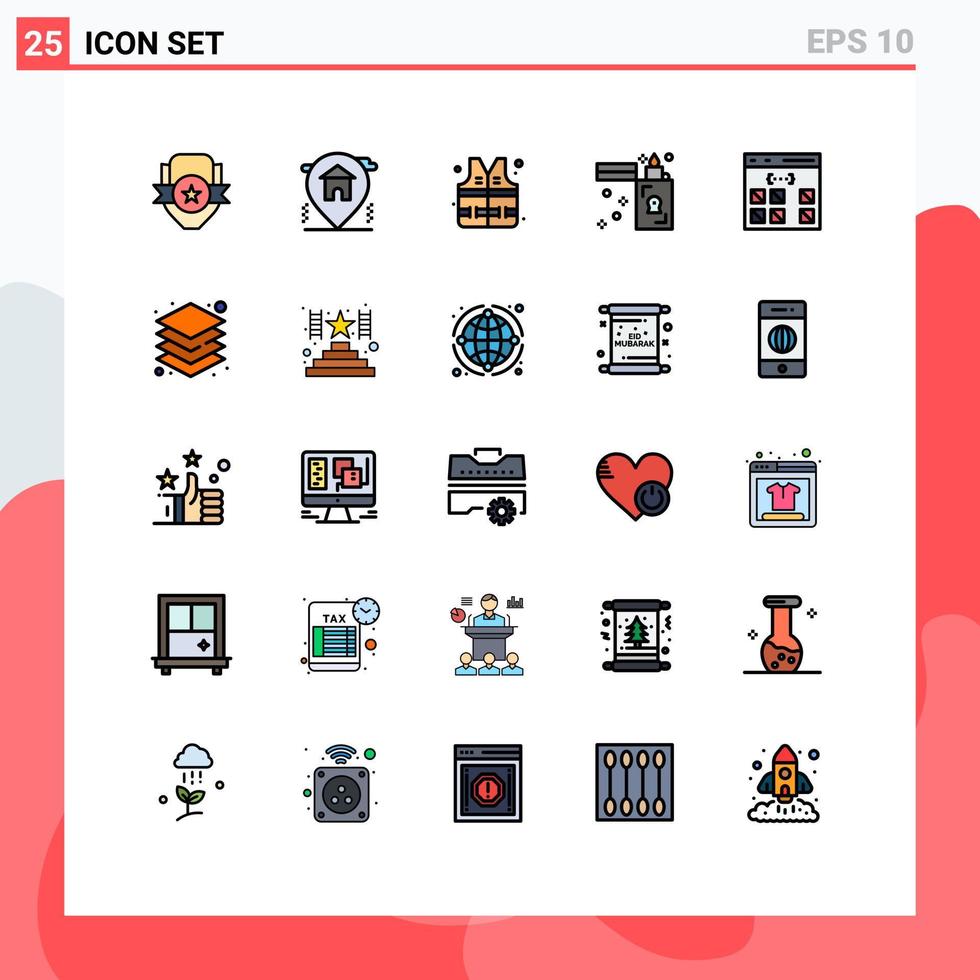 Filled line Flat Color Pack of 25 Universal Symbols of coding zippo real estate lighter fire Editable Vector Design Elements