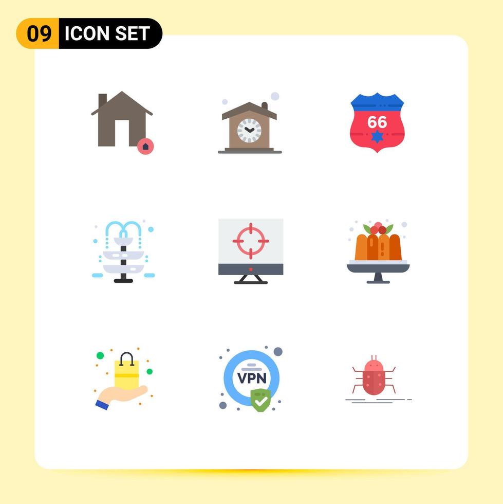Modern Set of 9 Flat Colors Pictograph of business water clock fountain usa Editable Vector Design Elements