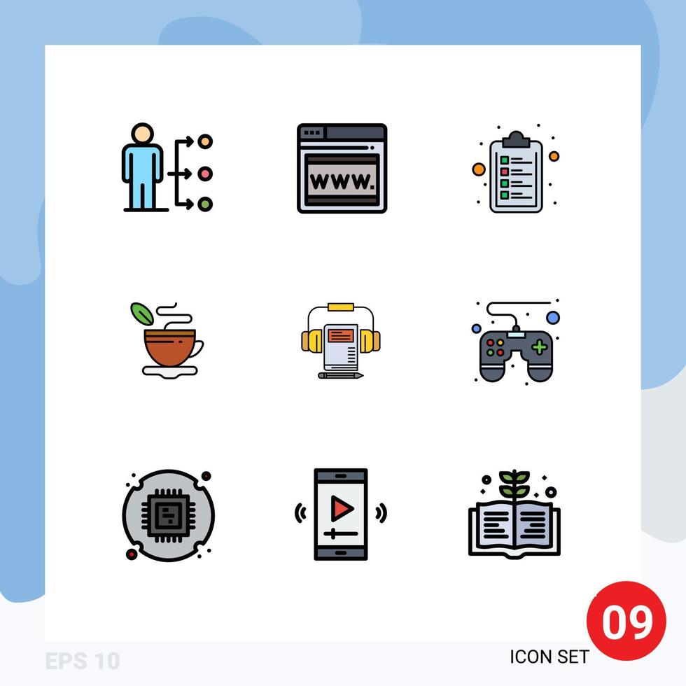 Universal Icon Symbols Group of 9 Modern Filledline Flat Colors of headphone music check list coffee cup Editable Vector Design Elements