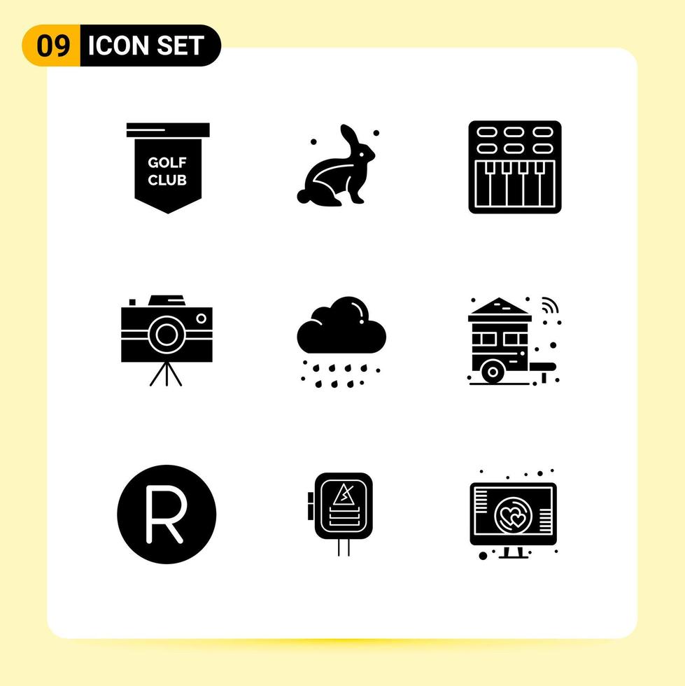 Pack of 9 Modern Solid Glyphs Signs and Symbols for Web Print Media such as cloud journalist camera nature handycam sound Editable Vector Design Elements