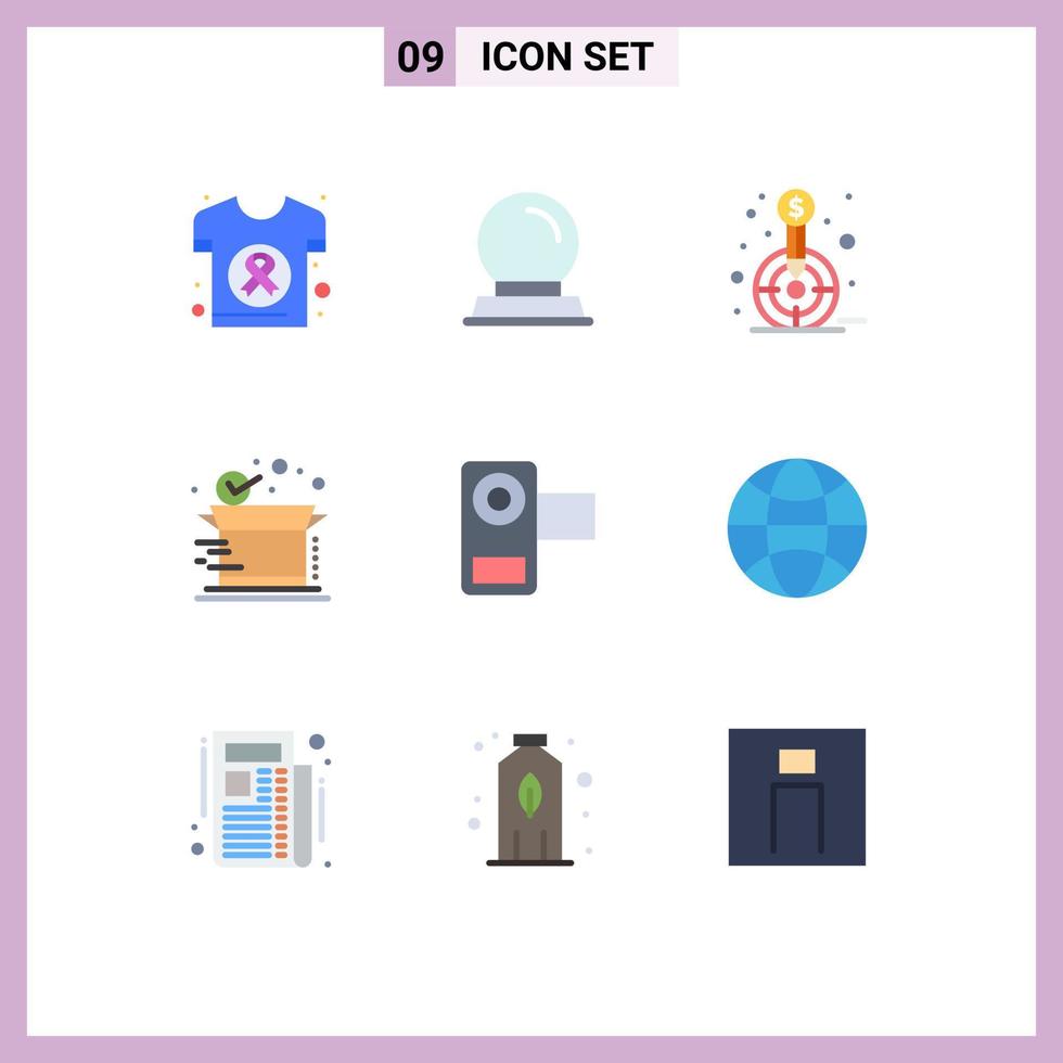 Pictogram Set of 9 Simple Flat Colors of camera product finance delivery target Editable Vector Design Elements