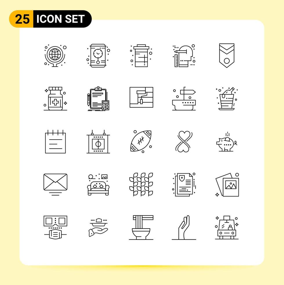 Pack of 25 Modern Lines Signs and Symbols for Web Print Media such as badge scale diet thinking creative Editable Vector Design Elements