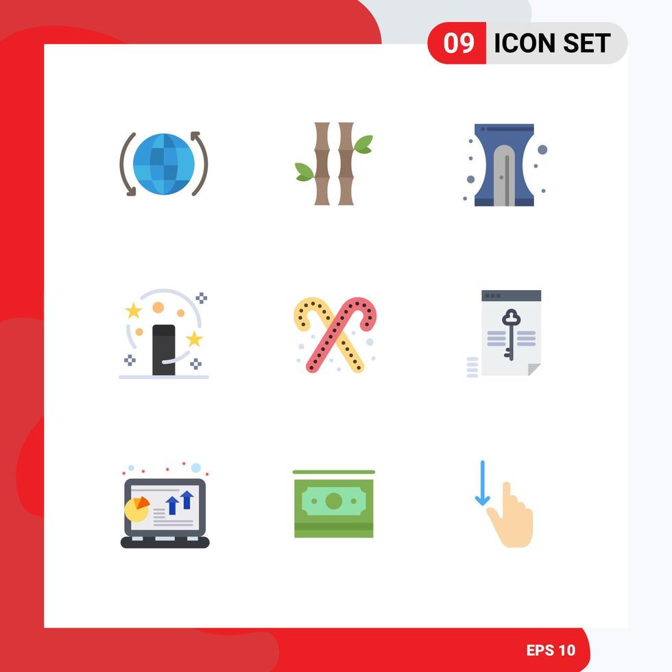 Pack of 9 Modern Flat Colors Signs and Symbols for Web Print Media such as candy cane magician natural magic wand sharpener Editable Vector Design Elements