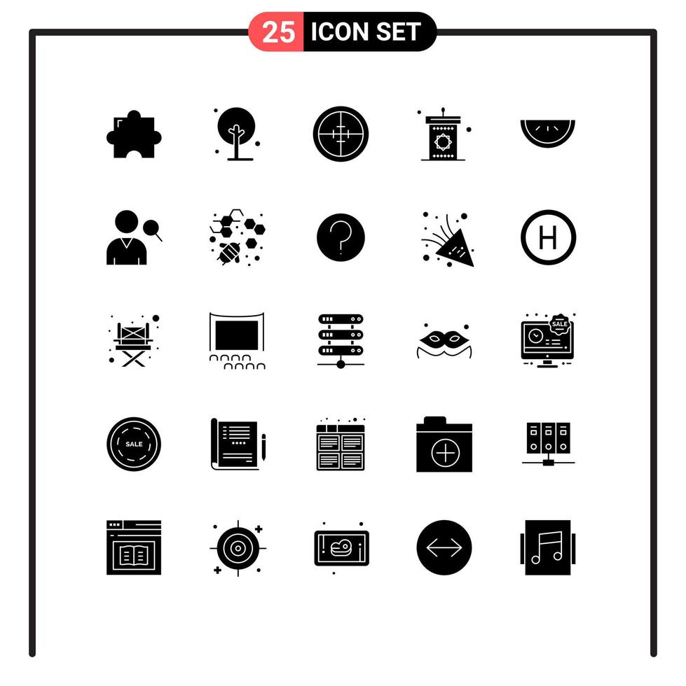 Mobile Interface Solid Glyph Set of 25 Pictograms of food mosque badge speech podium Editable Vector Design Elements