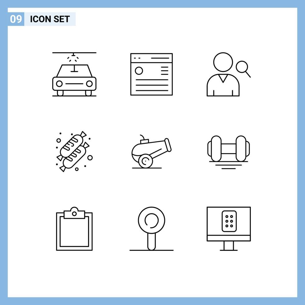 9 Creative Icons Modern Signs and Symbols of gym dumbbell search weapon food Editable Vector Design Elements