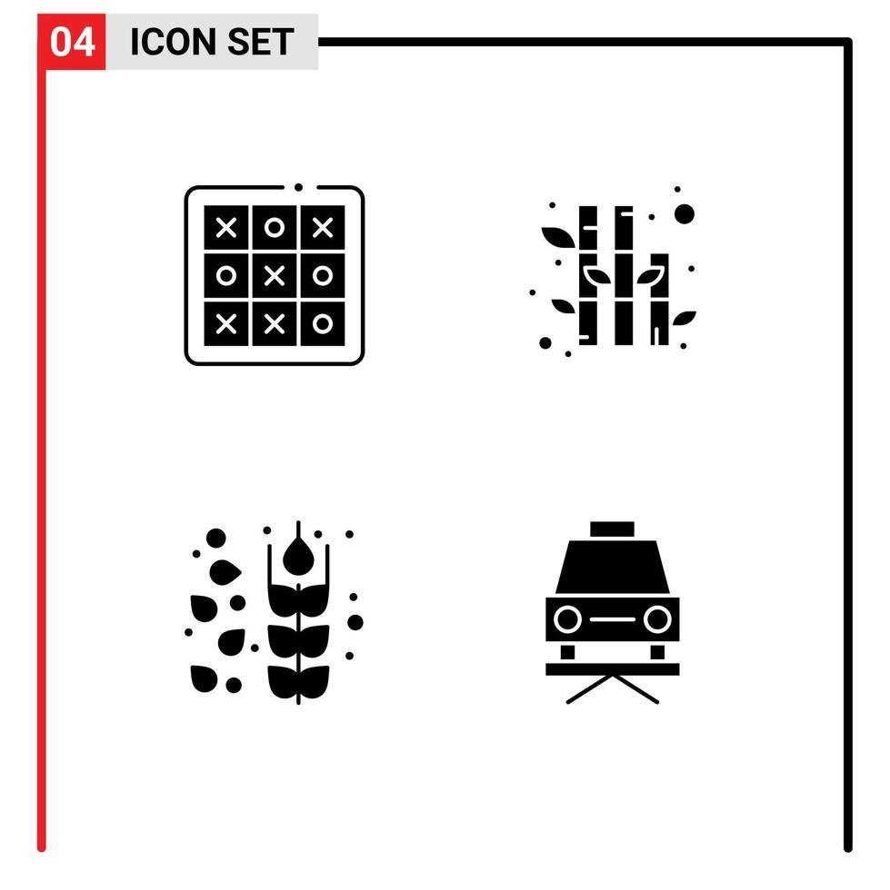Pictogram Set of 4 Simple Solid Glyphs of tac cereals tic tac toe nature car Editable Vector Design Elements
