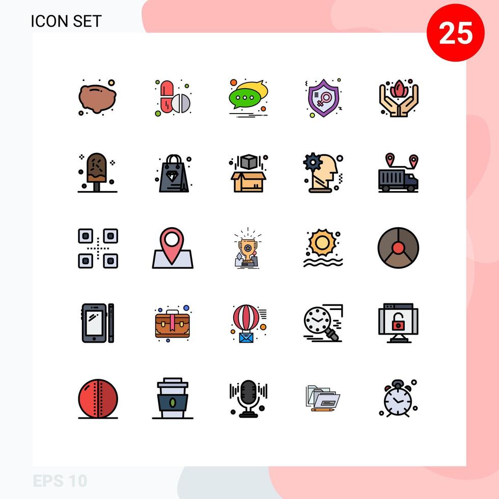 Pack of 25 Modern Filled line Flat Colors Signs and Symbols for Web Print Media such as care woman notification protection justice Editable Vector Design Elements