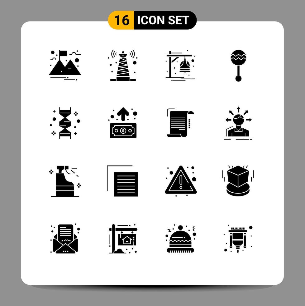 Pack of 16 creative Solid Glyphs of dna sound bell music instrument Editable Vector Design Elements