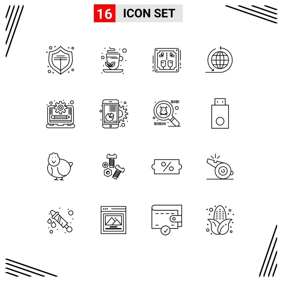 Editable Vector Line Pack of 16 Simple Outlines of progress management celebration laptop business network Editable Vector Design Elements