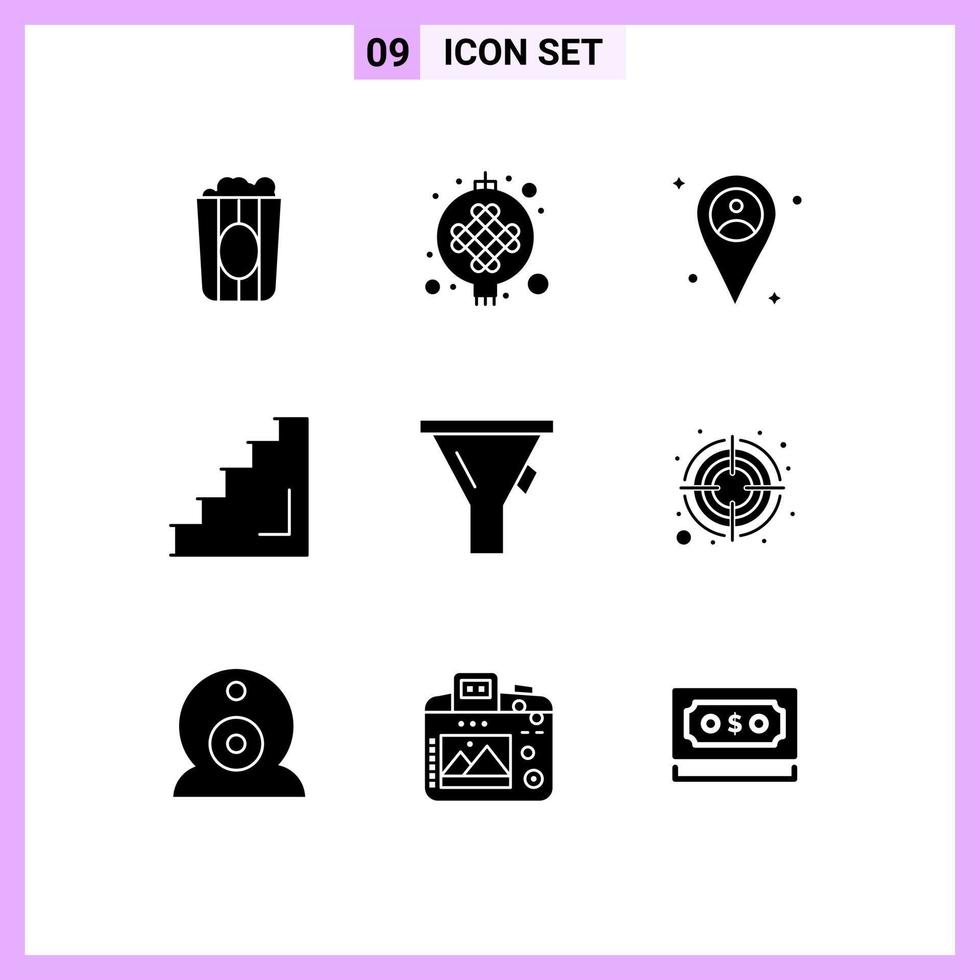 Pack of 9 Modern Solid Glyphs Signs and Symbols for Web Print Media such as funnel stairs location stage interior Editable Vector Design Elements