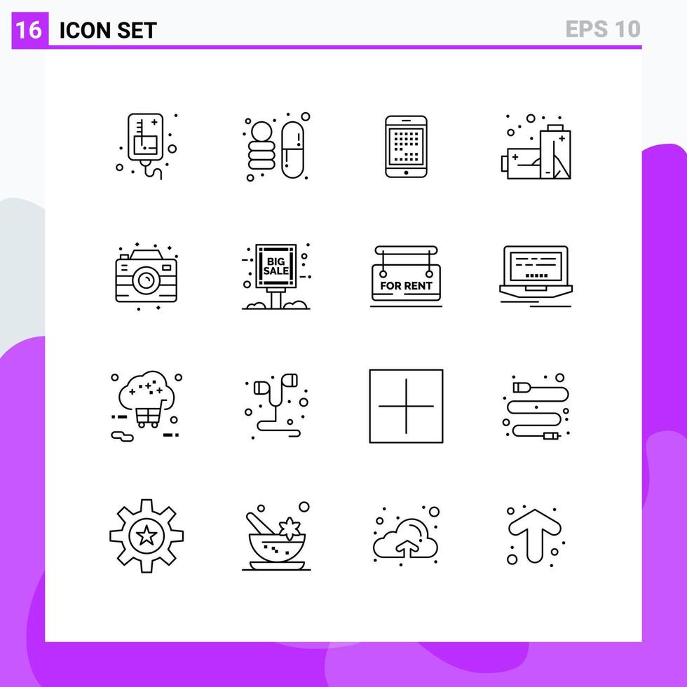 Group of 16 Outlines Signs and Symbols for camera pollution computer gas mobile Editable Vector Design Elements