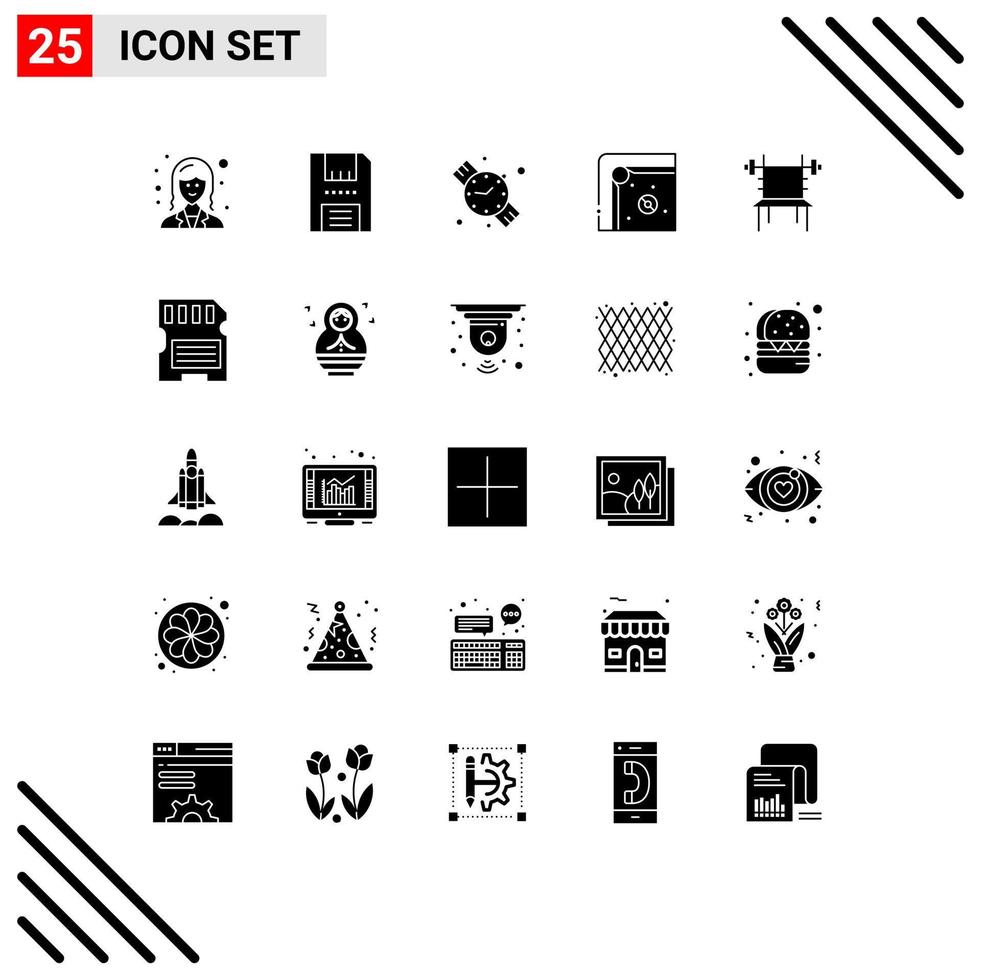 Modern Set of 25 Solid Glyphs Pictograph of dumbbell play products game air hockey Editable Vector Design Elements