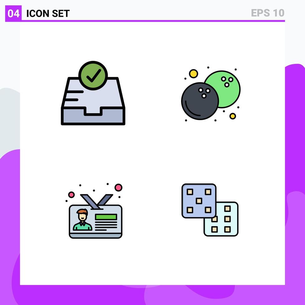 Mobile Interface Filledline Flat Color Set of 4 Pictograms of check id card coconut business dice Editable Vector Design Elements
