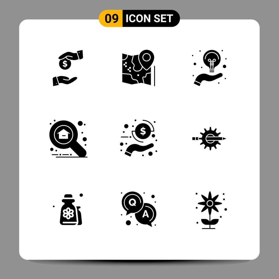 Group of 9 Solid Glyphs Signs and Symbols for coin search destination property idea Editable Vector Design Elements