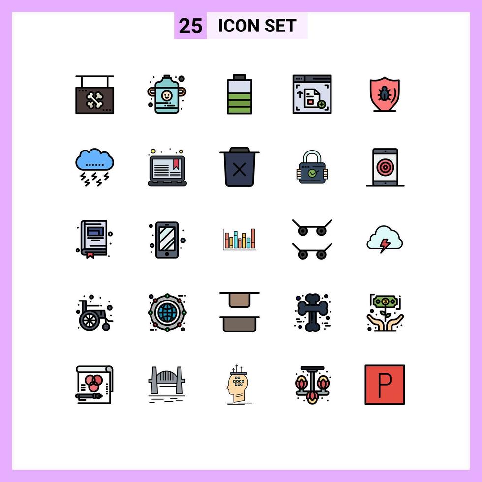 Modern Set of 25 Filled line Flat Colors and symbols such as protection programing battery bug web Editable Vector Design Elements