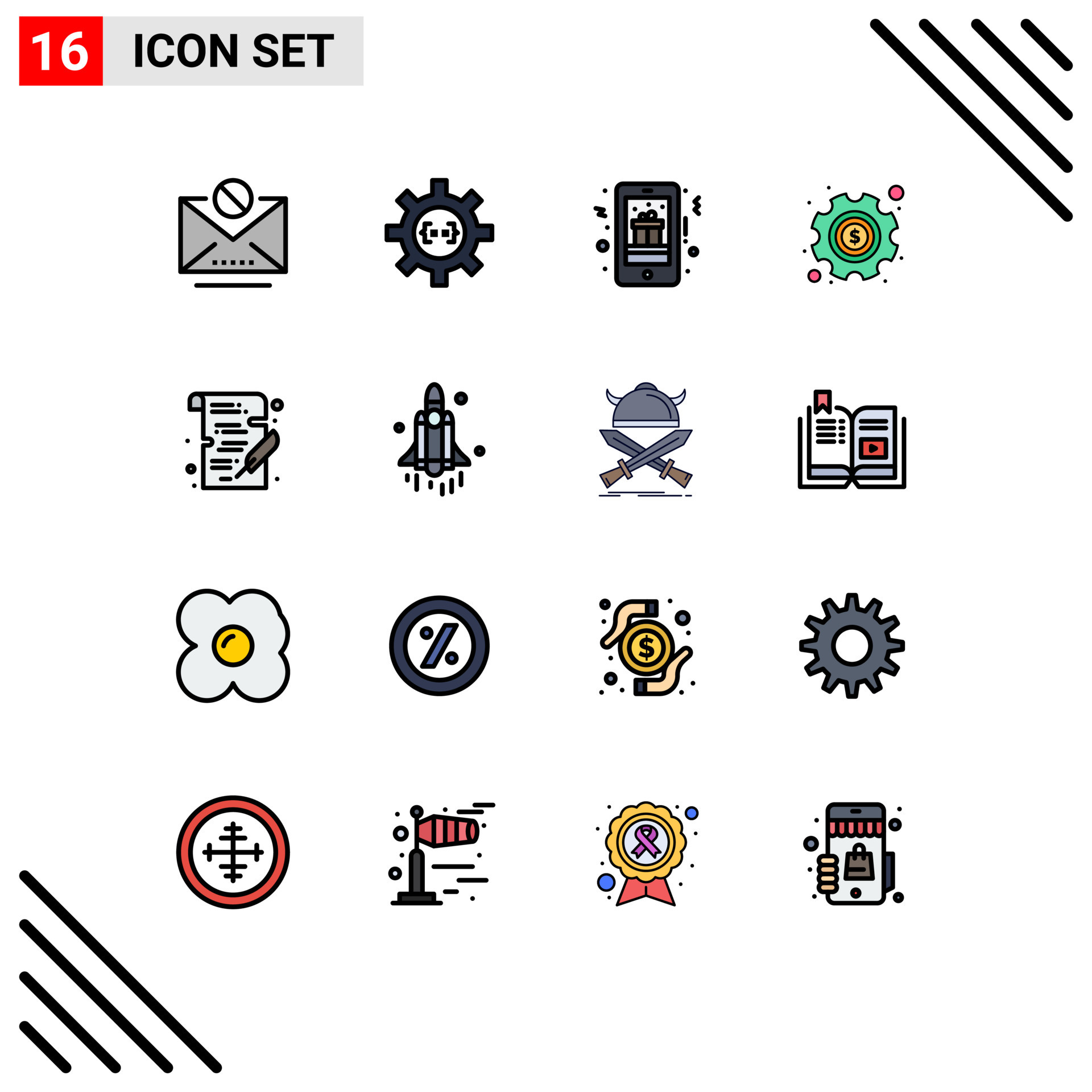 Set of 16 Modern UI Icons Symbols Signs for settings money process gear ...