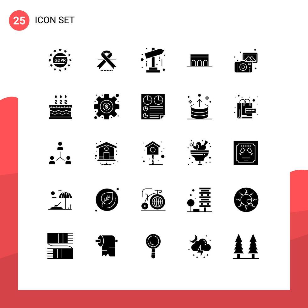 25 Universal Solid Glyph Signs Symbols of images historic direction columns arch Editable Vector Design Elements