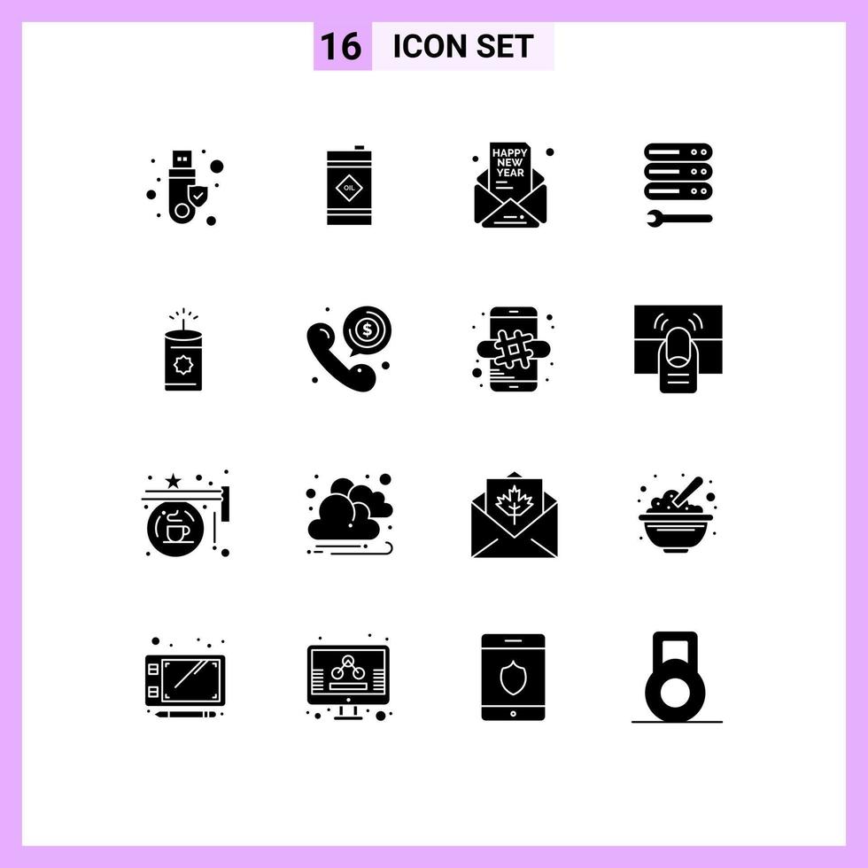 16 User Interface Solid Glyph Pack of modern Signs and Symbols of candle wrench invitation settings party Editable Vector Design Elements