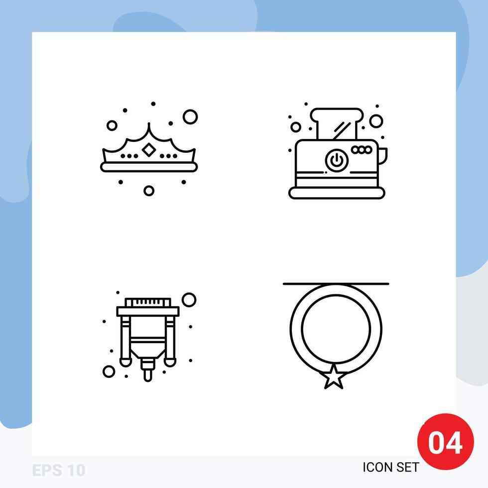 Set of 4 Modern UI Icons Symbols Signs for crown cable jewelry toast usb Editable Vector Design Elements