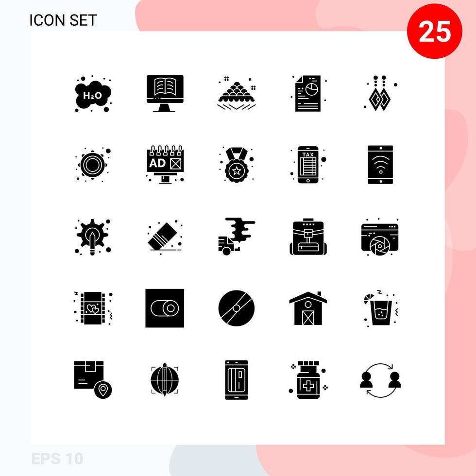 Group of 25 Modern Solid Glyphs Set for dangling earrings diagram sweet process delicious Editable Vector Design Elements