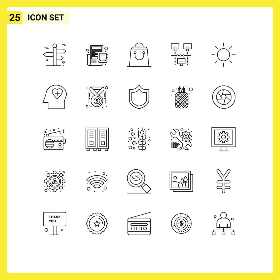 User Interface Pack of 25 Basic Lines of sun technology newspaper sharing connection Editable Vector Design Elements