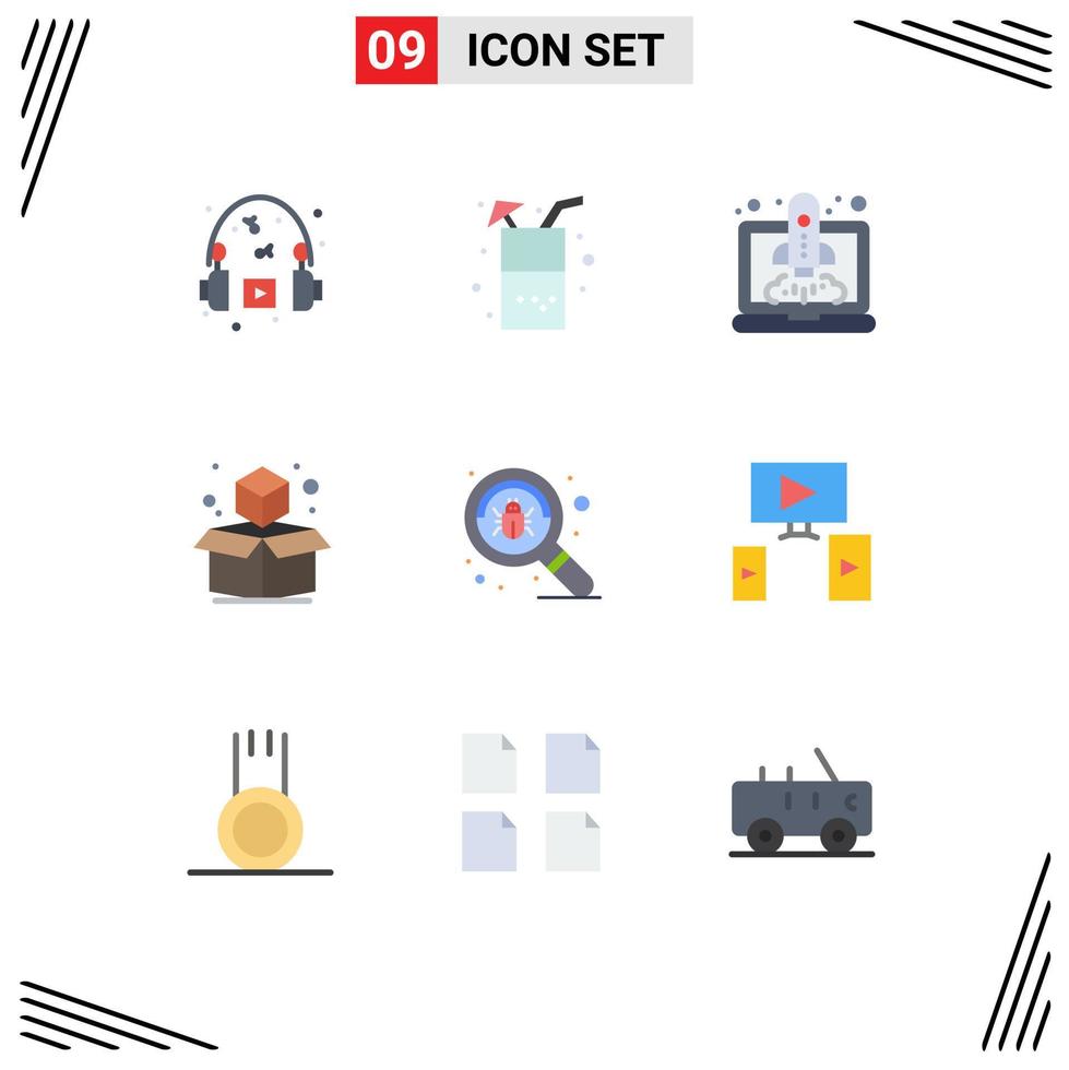 User Interface Pack of 9 Basic Flat Colors of search bug boost box cube Editable Vector Design Elements