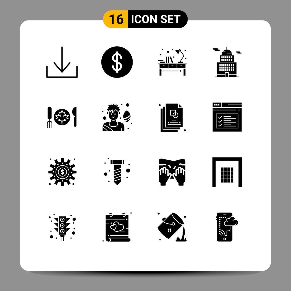 Modern Set of 16 Solid Glyphs and symbols such as leaf autumn office dinner government Editable Vector Design Elements