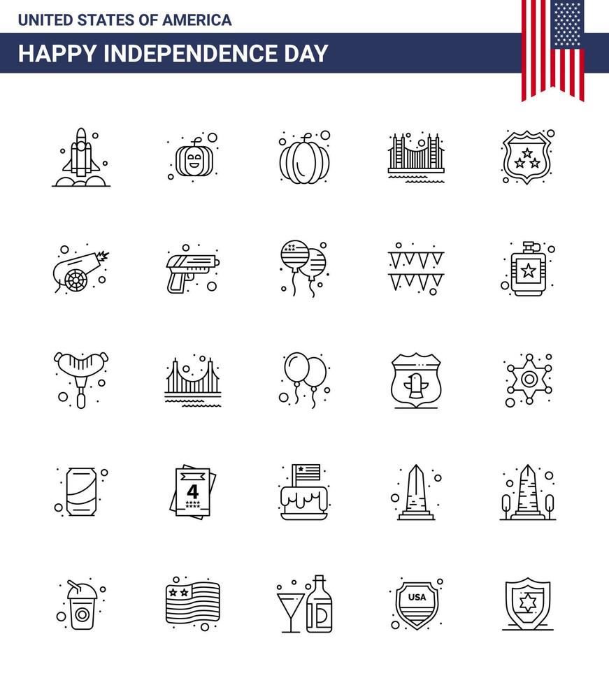 Group of 25 Lines Set for Independence day of United States of America such as police security bridge american tourism Editable USA Day Vector Design Elements