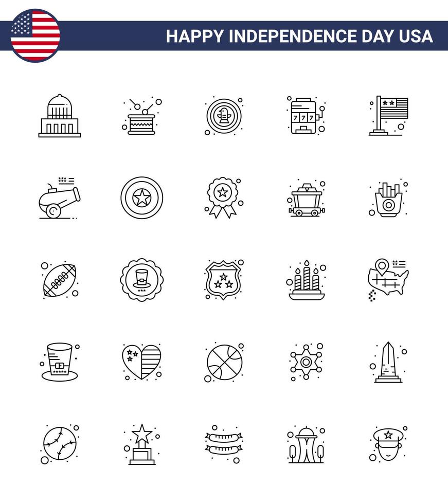 Stock Vector Icon Pack of American Day 25 Line Signs and Symbols for game machine independence casino eagle Editable USA Day Vector Design Elements