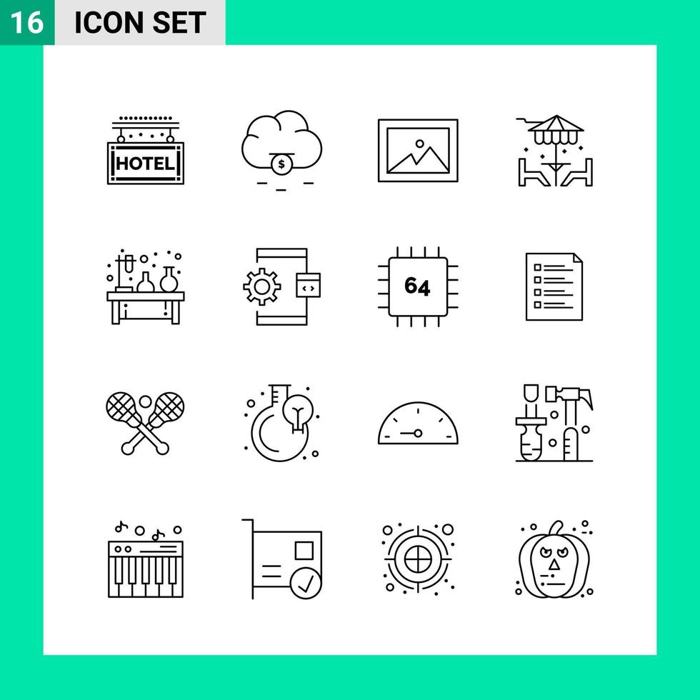paquete de 16 iconos de estilo de línea establece símbolos de esquema para imprimir signos creativos aislados en fondo blanco 16 conjunto de iconos fondo de vector de icono negro creativo